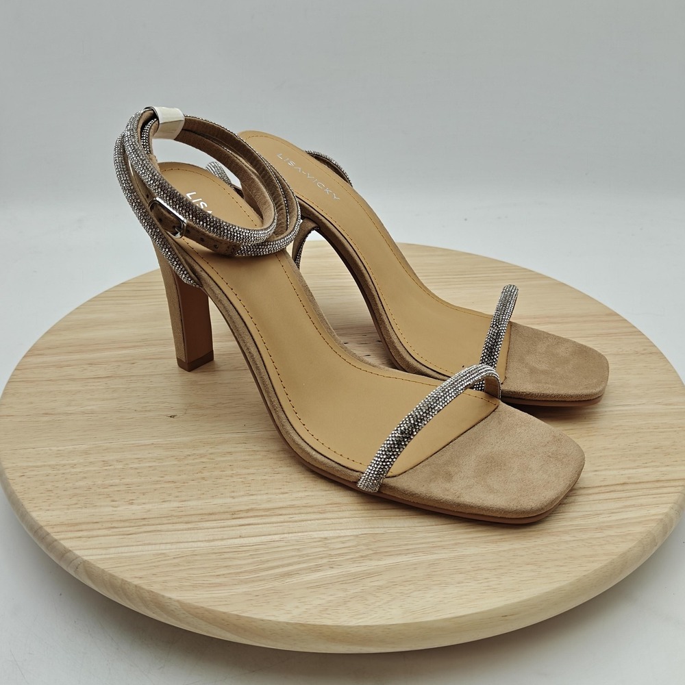Lisa Vicky Shoes Womens Size 10 Beige‎ Strappy Sandals Stiletto Rhinestone New
